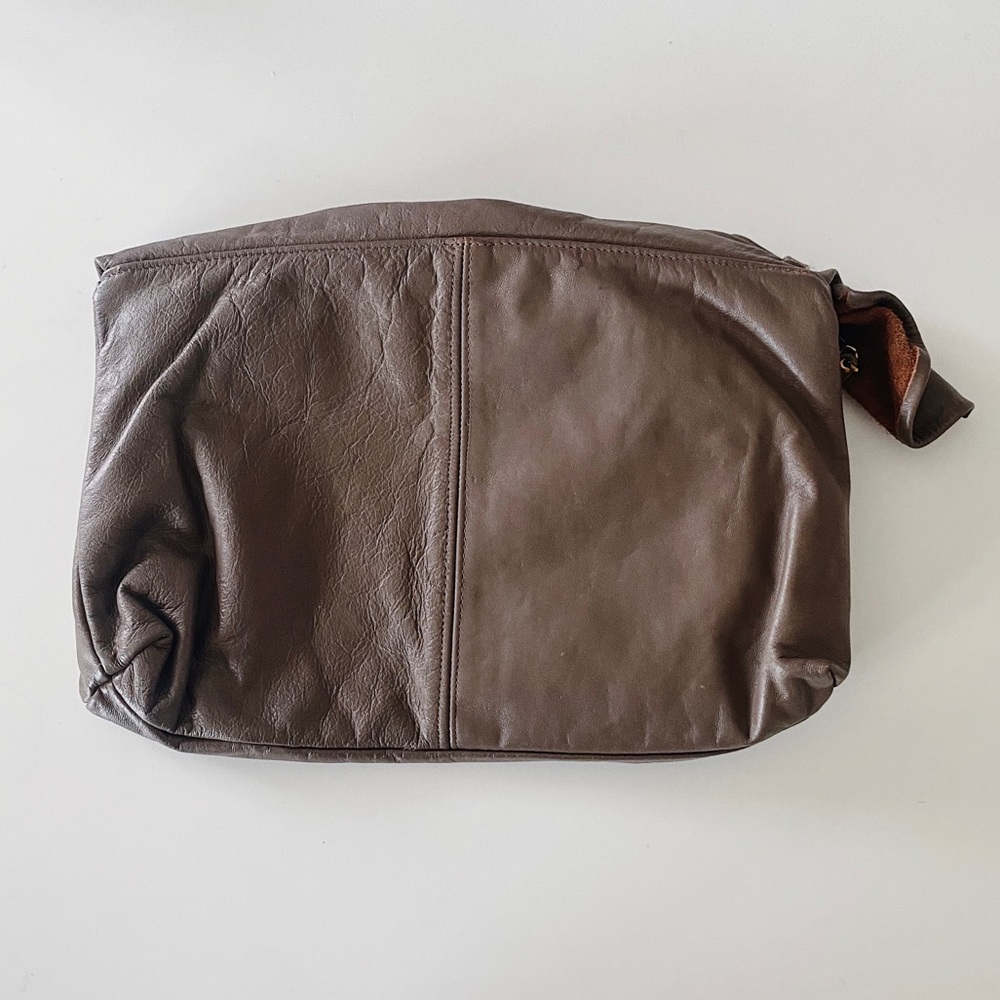 taupe brown leather foldover clutch - pleated knot bow detail handbag - Picture 2 of 8
